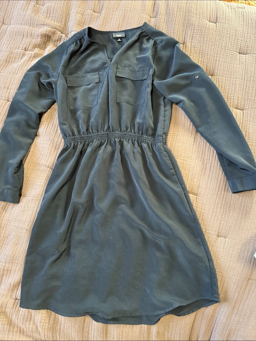 Black Long-Sleeve Elastic-Waist Shirt Dress